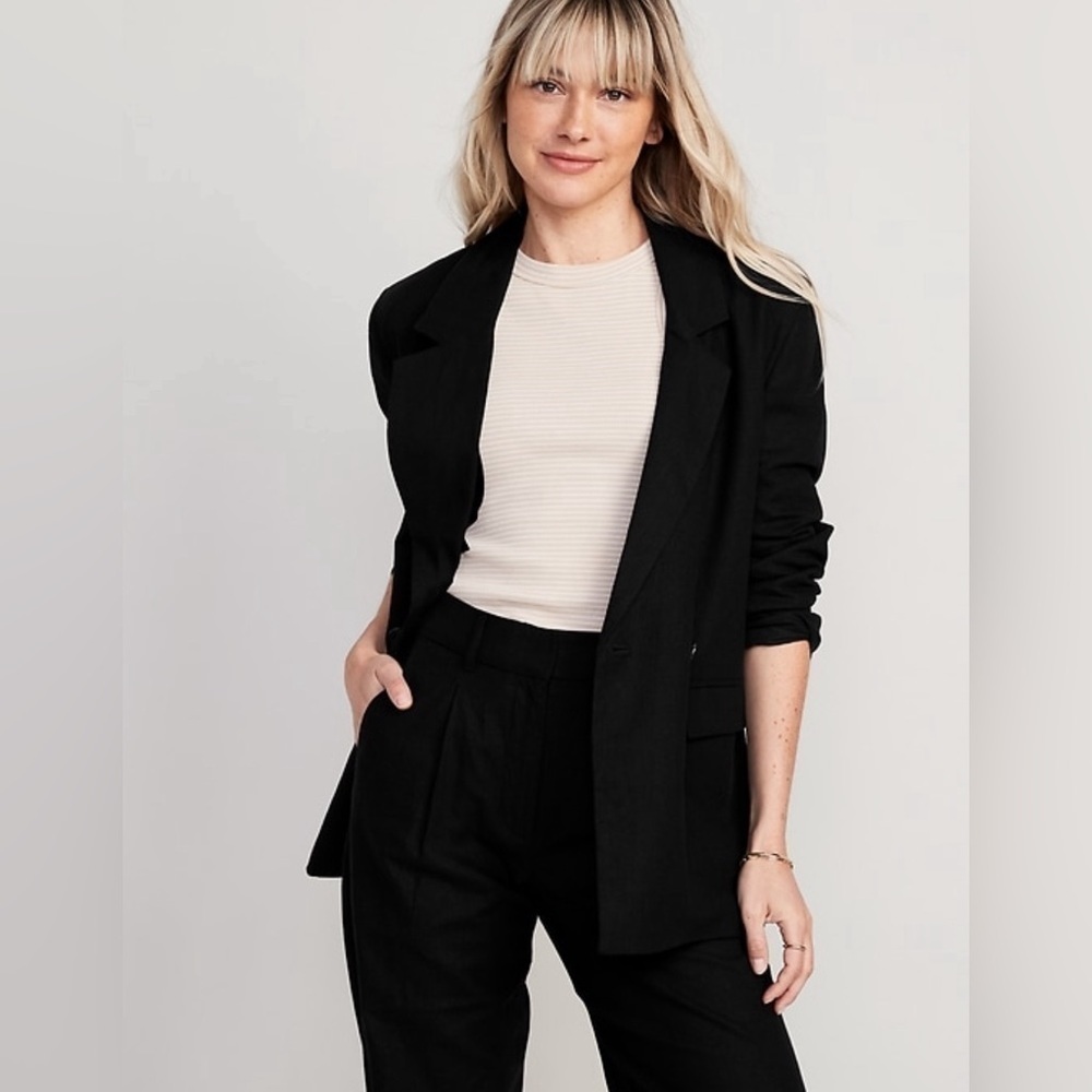NWT! Old Navy Black Double-Breasted Linen-Blend Suit Blazer - Multiple Sizes💙